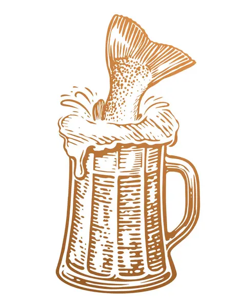 Mug Beer Fish Tail Alcoholic Drink Pub Vector Illustration — Stock Vector