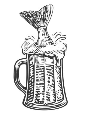 Bir kupa bira ve balık kuyruğu. Alkolik içki. Çizim çizimi kabartma biçimi