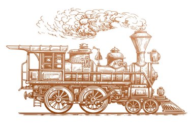 Retro tren, yan görüş. Elle çizilmiş klasik buhar lokomotifi. Taşıma vektörü illüstrasyonu