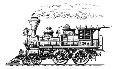 Klasik tren, yan görüş. Eskiz tarzında bir buhar lokomotifi. Elle çizilmiş taşıma illüstrasyonu