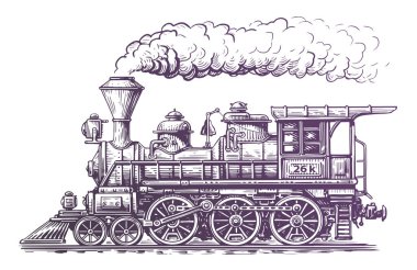 Antika buharlı tren lokomotifi, oyma stili vektör çizimi. El çizimi eskiz geriye aktarımı