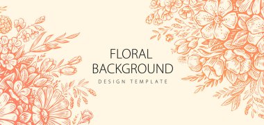 Hand drawn floral background with wildflowers and flowers, herbs, leaves. Design template for wedding invitation card clipart