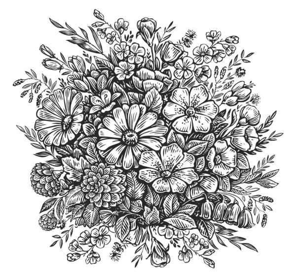 Flowers and wildflowers, vintage style engraving. Hand drawn illustration isolated for greeting card design