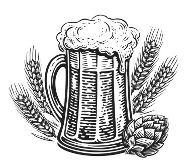 Bira bardağı, zıpır ve buğday. Bira fabrikası ya da bar, elle çizilmiş çizim çizimi