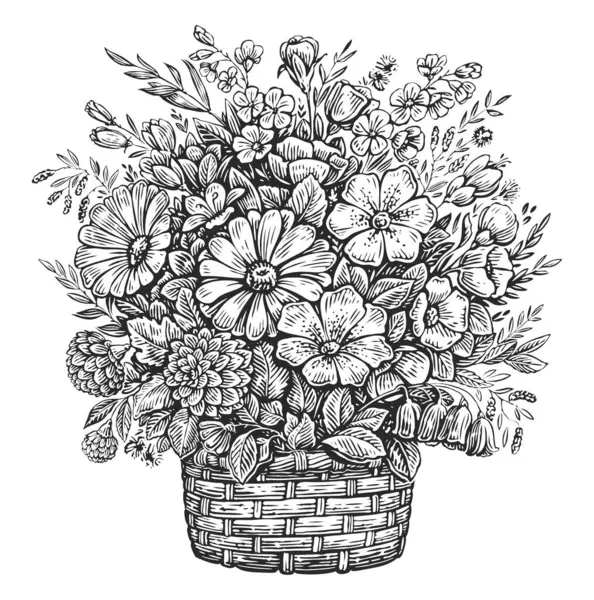 Basket with wild flowers isolated. Hand drawn sketch vintage engraving illustration