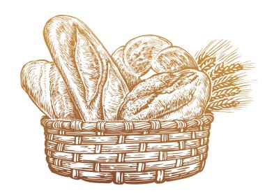 Hasır sepet dolusu fırınlanmış taze ekmek. Pastane yemekleri, ekmekler çizimler, klasik vektör çizimleri.