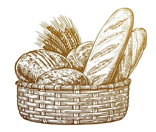 Basket Fresh Baked Bread Wheat Vector Illustration Bakery Shop — Stock Vector
