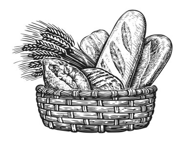 Sepet dolusu pişmiş mal. Ekmek ve pasta, eskiz klasik illüstrasyon