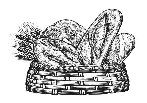 Korb Mit Frisch Gebackenem Brot Und Weizen Illustration Für Bäckerei — Stockfoto