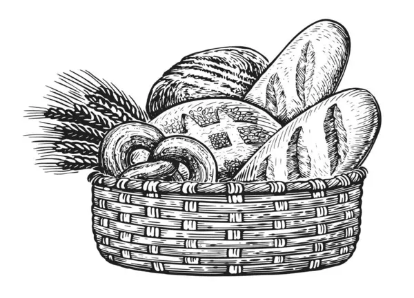 Frische Backwaren Korb Brot Und Ähren Skizze Jahrgangsillustration — Stockfoto