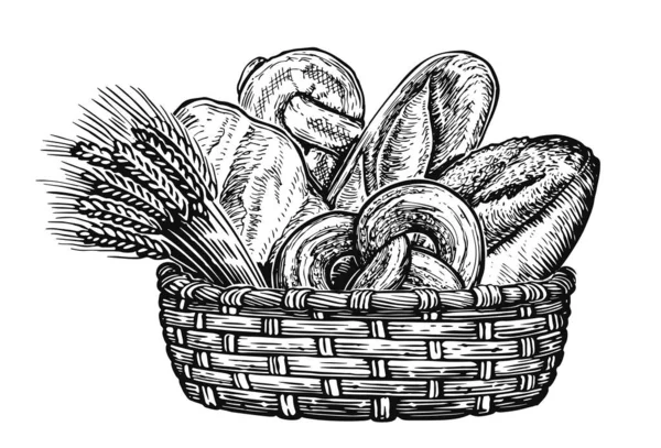 Basket Full Baked Goods Vintage Style Engraving Bread Pastry Sketch — Stock Photo, Image