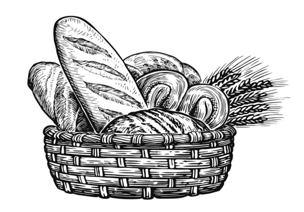 Korb Mit Weizen Und Frischem Brot Backwaren Skizzenillustration — Stockfoto