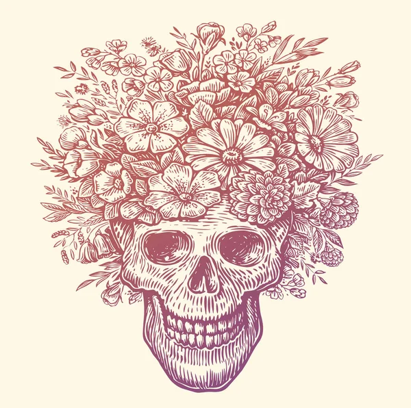 Crânio Humano Com Flores Coroa Cabeça Ilustração Vetorial Desenhada Mão — Vetor de Stock