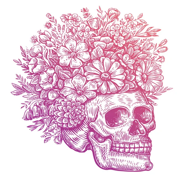 Crânio Humano Com Flores Ilustração Vetorial Desenhada Mão — Vetor de Stock