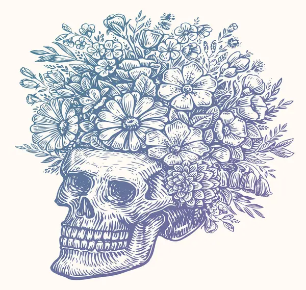 Crânio Humano Com Flores Desenho Esboço Ilustração Vetorial Desenhada Mão — Vetor de Stock