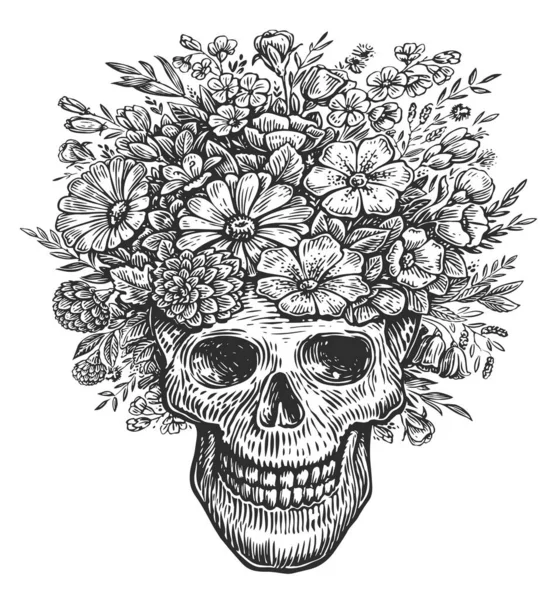 Human skull with flowers, sketch drawing. Hand drawn illustration