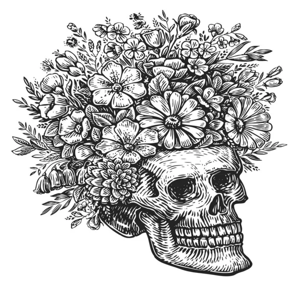 Human skull with flowers. Hand drawn sketch vintage illustration engraving style