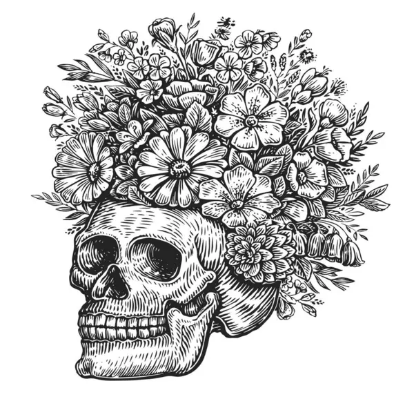 Skull with a wreath of flowers on head. Hand drawn sketch vintage illustration engraving style