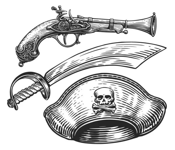 Conjunto Parafernalia Pirata Sable Pistola Sombrero Con Jolly Roger Ilustración — Archivo Imágenes Vectoriales