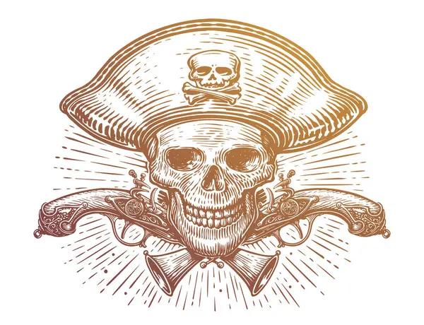 Esqueleto Crânio Pirata Piratas Capitão Chapéu Pistolas Cruzadas Mosquetes Ilustração — Vetor de Stock