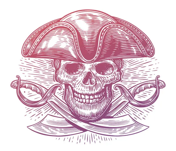Cráneo Pirata Sombrero Tricorne Sables Cruzados Esqueleto Con Cuchillas Ilustración — Archivo Imágenes Vectoriales