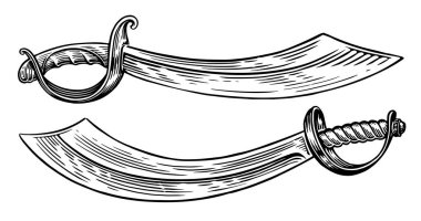 İşleme tarzında korsan kılıcı. Elle çizilmiş bıçak eskizi. Kılıç silahı klasik vektör çizimi