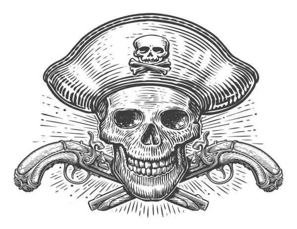 Piratenschädel Mit Zipfelmütze Und Gekreuzten Steinschlosspistolen Jolly Roger Mit Gewehren — Stockvektor