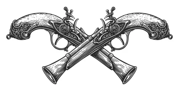 Crossed Guns Two Flintlock Pistols Firearms Hand Drawn Sketch Vintage — Stock Vector