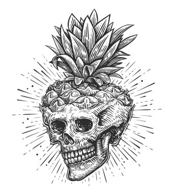 İnsan kafatası. El çizimi yaratıcı iskelet. Eskiz klasik vektör çizimi