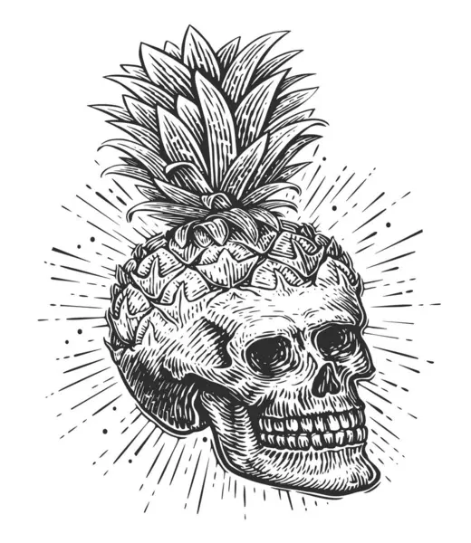 Gravura Crânio Humano Abacaxi Com Cabeça Esqueleto Desenho Desenhado Mão — Vetor de Stock