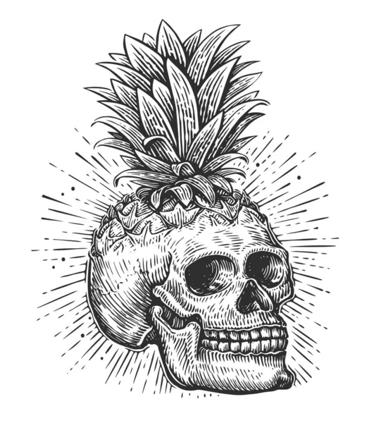 Crânio Humano Folhas Cabeça Esqueleto Desenhada Mão Estilo Gravura Vintage — Vetor de Stock