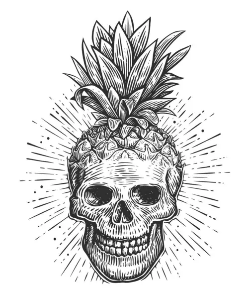 Crânio Humano Com Folhas Esboço Cabeça Esqueleto Ilustração Vetor Criativo — Vetor de Stock