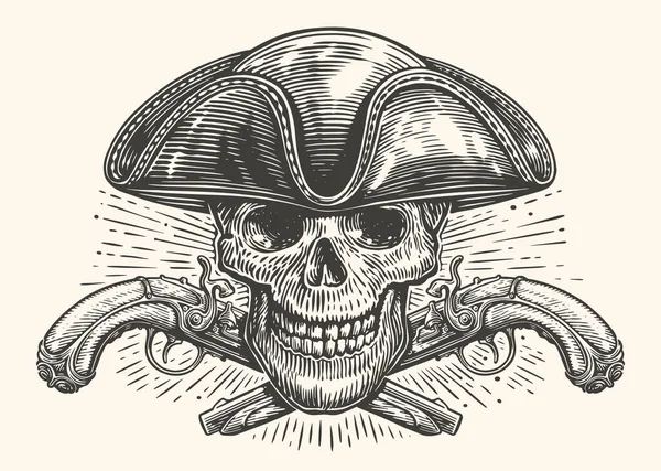 Korsan Iskeleti Klasik Tabancalar Kafatası Şapkalı Olan Vektör Illüstrasyon Gravür — Stok Vektör