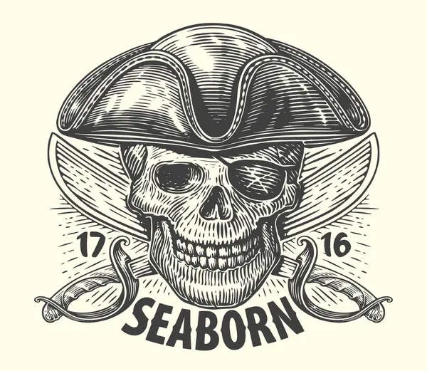 Seaborn Pirata Chapéu Com Sabres Cruzados Skull Cabeça Esboço Vintage — Vetor de Stock