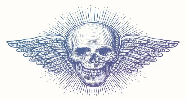 Menschlicher Schädel Mit Flügeln Geflügelter Skelettkopf Handgezeichnete Skizze Vektor Illustration — Stockvektor