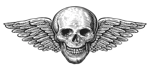 Menschlicher Schädel Mit Flügeln Handgezeichneter Geflügelter Skelettkopf Skizze Vintage Illustration — Stockvektor