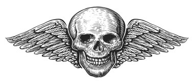Kanatlı kafatası. Kanatlar ve iskelet eski oyma tarzında. El çizimi klasik illüstrasyon