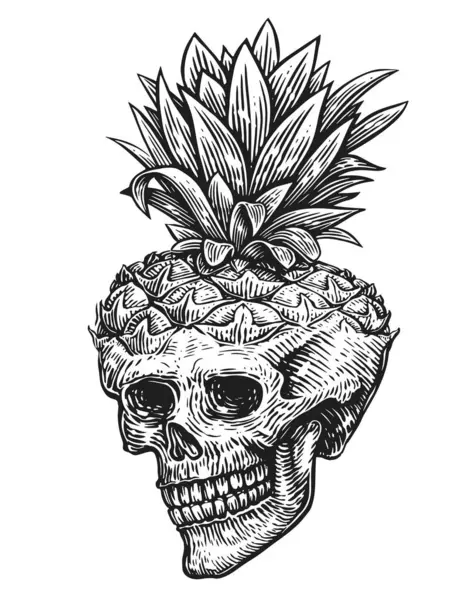 Human skull engraving. Skeleton head pineapple. Hand drawn sketch vintage illustration
