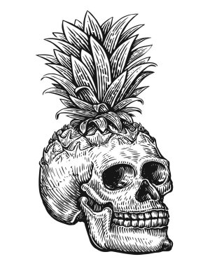 Yapraklı insan kafatası. İskelet kafa skeci. El çizimi yaratıcı illüstrasyon