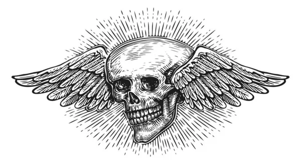 Hand Drawn Skull Wings Vintage Engraving Style Winged Skeleton Sketch — Stock Vector