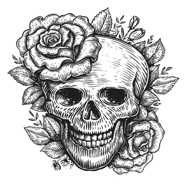 Skull head with flowers, with roses. Drawing by hand. Sketch vintage engraving style