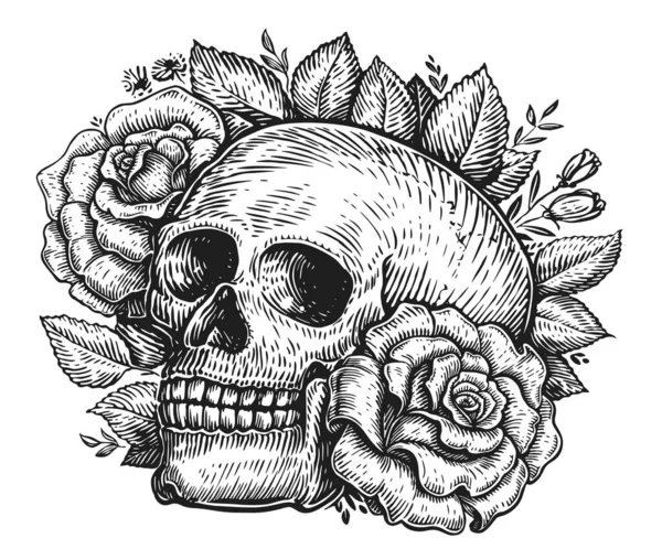 Skull head with flowers, roses and leaves. Hand drawing. Vintage engraving style sketch