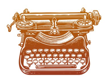 Klasik daktilo. Mekanik retro ekipmanlar. El çizimi çizimi vektör illüstrasyonu