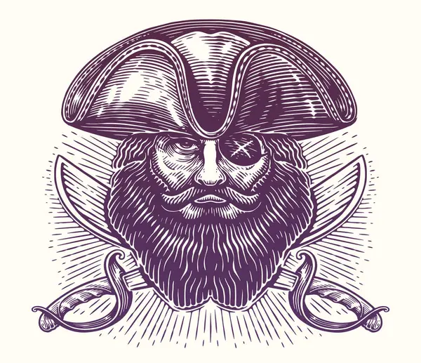 海賊船長の頭部とセイバーを手描きした ヴィンテージスケッチベクターイラスト — ストックベクタ