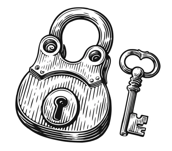 鍵付きの閉ロック パドロックとキーホール 手描きのスケッチヴィンテージベクターイラスト — ストックベクタ