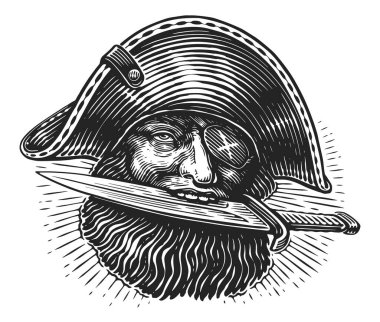 Bıçaklı bir korsan, portre stili. El çizimi klasik vektör çizimi