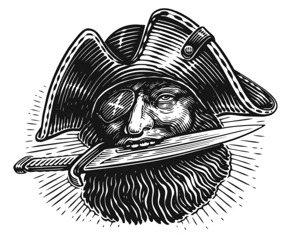 Portrait head of Pirate in hat with cutlass in teeth. Hand drawn illustration in vintage engraving style