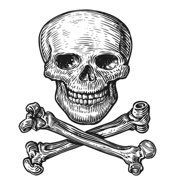 Jolly Roger. Hand drawn human skull with crossbones in vintage engraving style. Sketch vector illustration