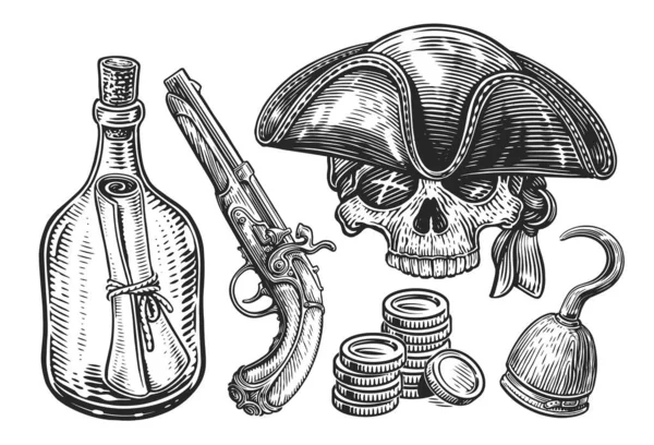 Hand Drawn Pirate Concept Sketch Vintage Vector Illustration Items Collection — Stock Vector