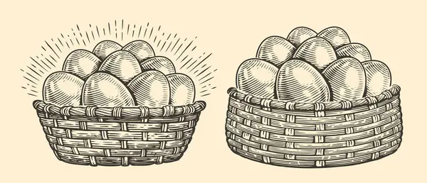 Курячі Яйця Сплетеному Кошику Органічна Фермерська Їжа Рука Намальована Ескіз — стоковий вектор